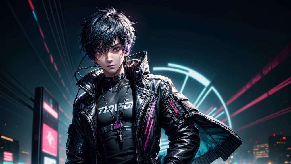 1boy, (extremely beautiful), solo, male focus, cyberpunk, neon lights, vibrant colors, headphones, Cyberpunk, neon, masterpiece, best quality, ultra-detailed, cyberpunk background, detail, in the starry night, moon, explosive and clear eyes, glowing eyes, beautiful details in the wind, little smile. thinking and watching the moon, full body.