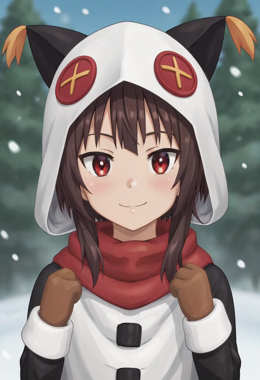 score_8_up, score_7_up, score_6_up, score_5_up, score_4_up, anime screencap,
 1girl, solo, megumin, white parka, short hair, brown hair, red eyes, (black bodysuit:0.8), red scarf, white hood, brown mittens, 
 nyantcha, 
forest, snow, upper body, looking at viewer,adult