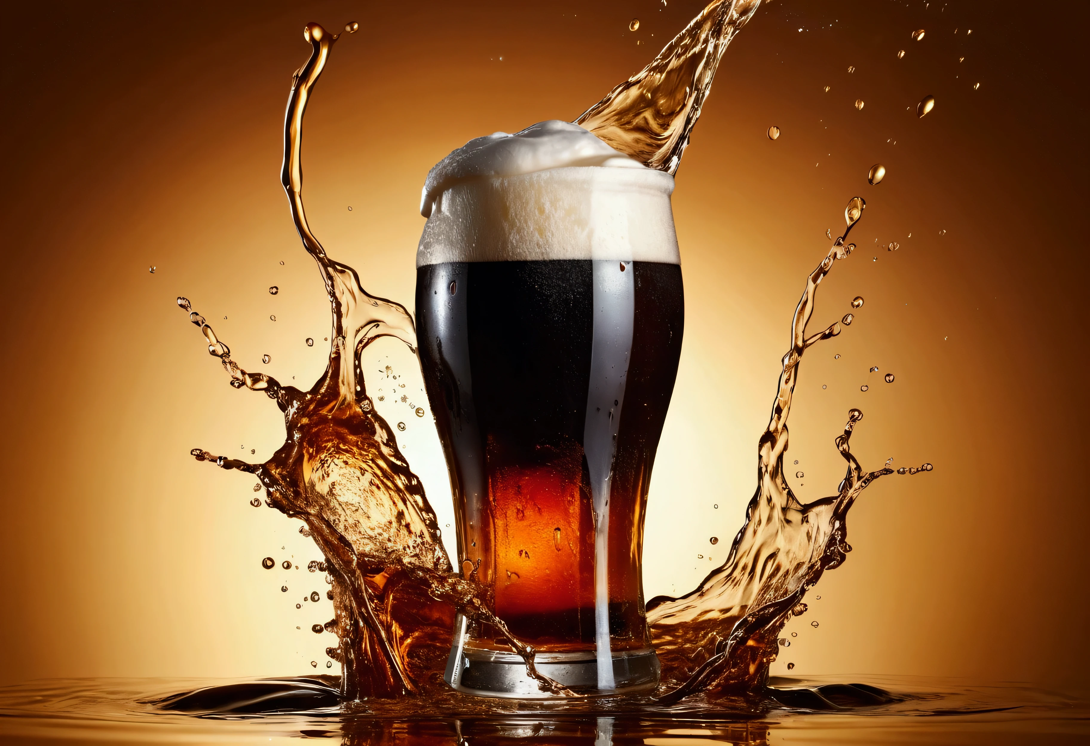 a picture of dark beer, beer splashing in the elegant cream color background like in a commercial, everything in focus