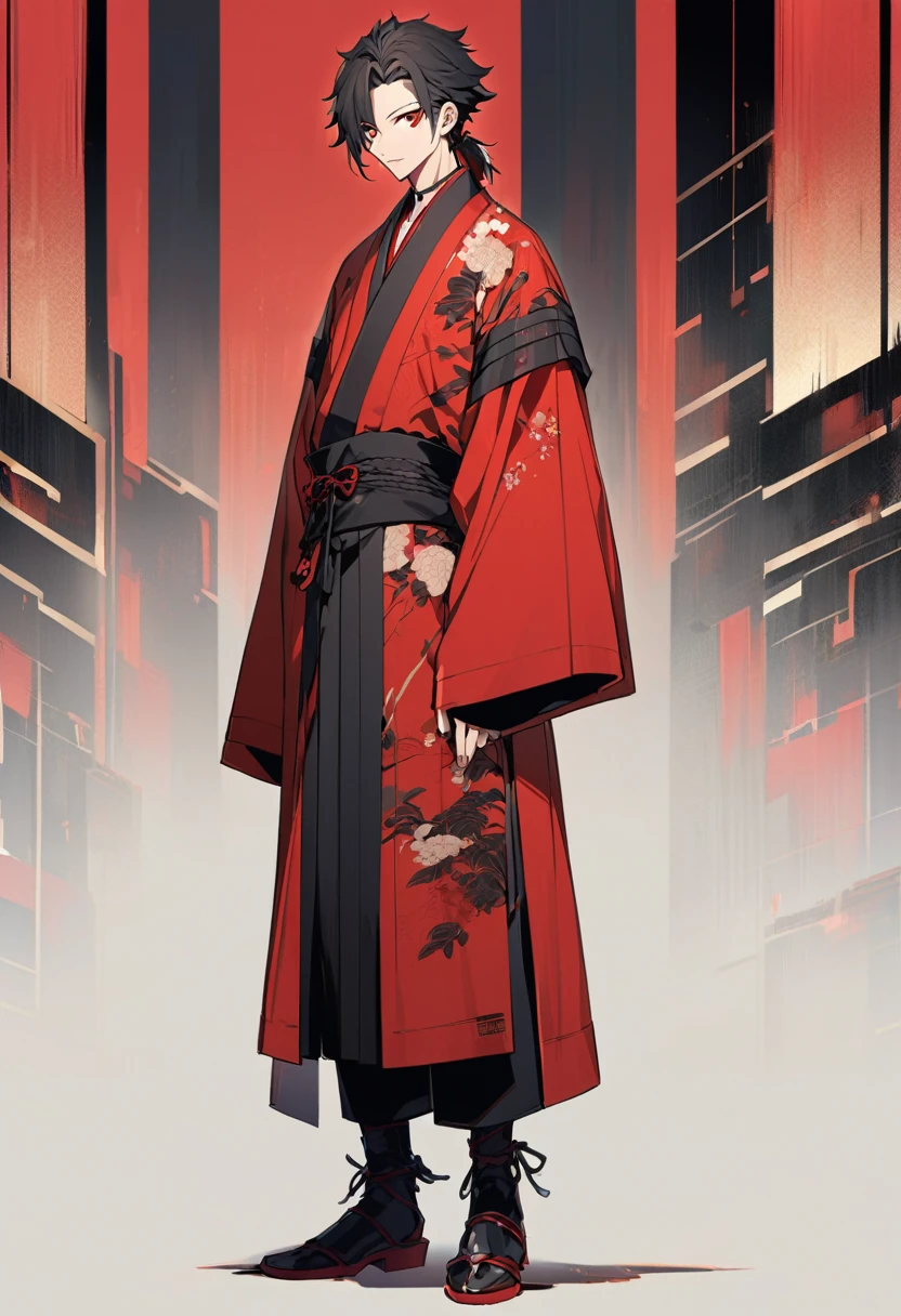 A anime man, black short mullet hair, red eye, black and red kimono, standing, full body, adult