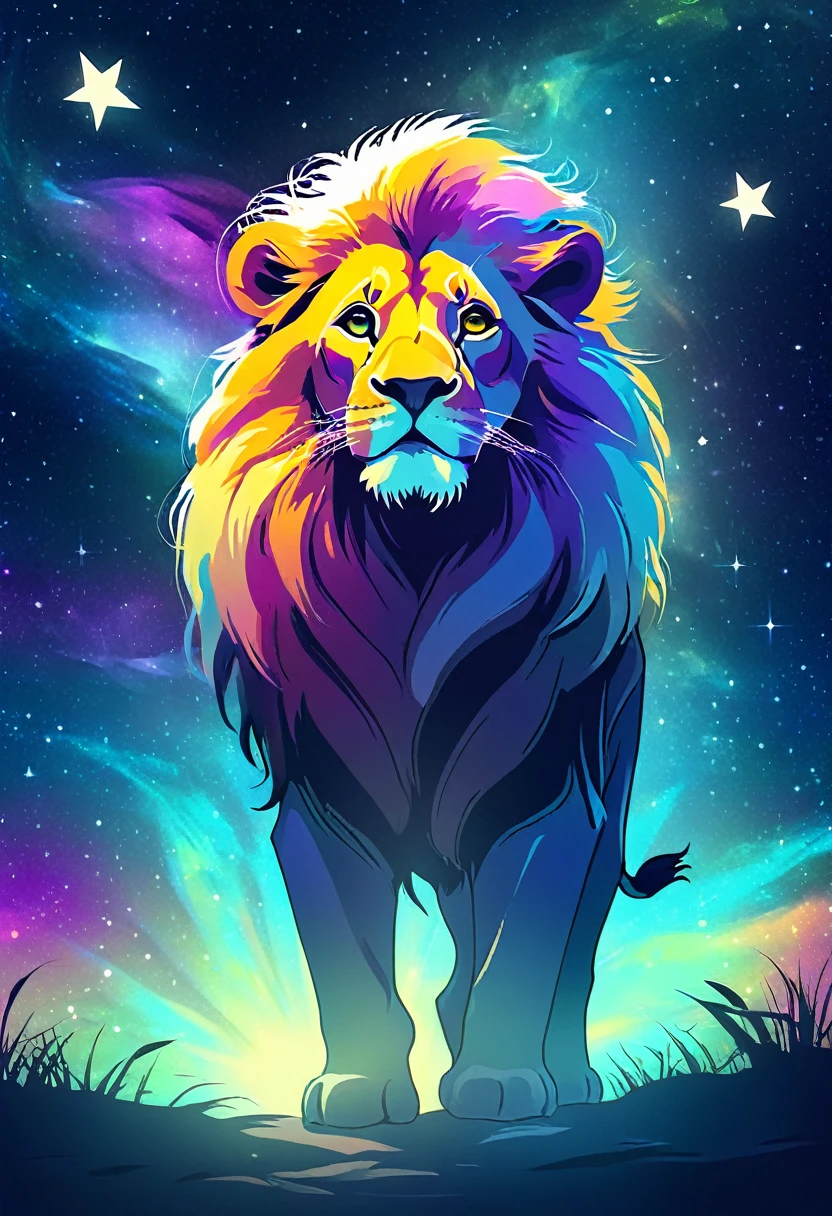 a lion silhouette composed by bright stars. Cosmic background