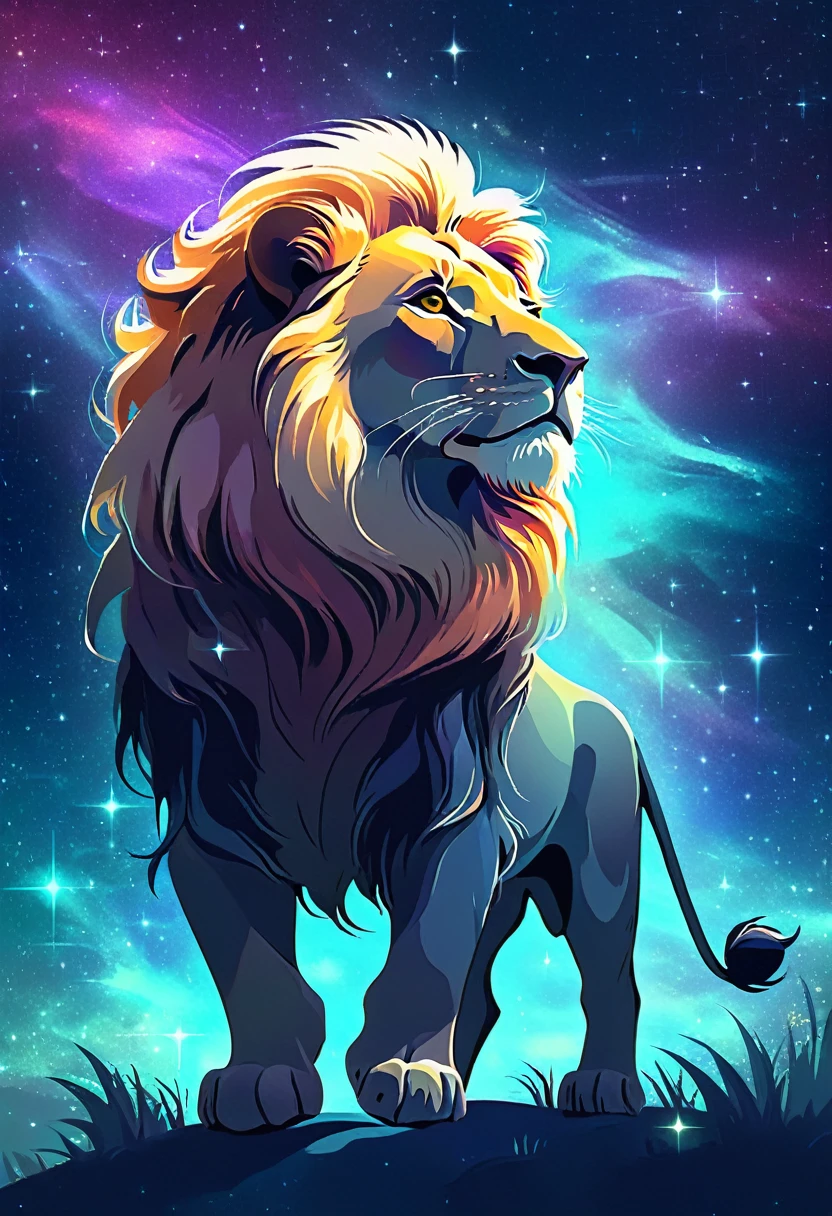 a lion silhouette composed by bright stars. Cosmic background