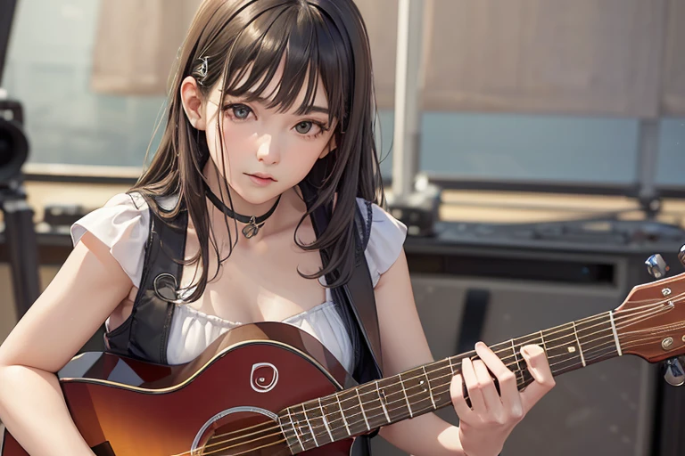 (Highest quality,8k,High resolution,masterpiece:1.2),((masterpiece,Highest quality)), High resolution with great detail, A girl in her fifties singing into a microphone while playing the guitar, Highly detailed skin and facial textures:1.3, Ultra detailed face, Detailed hands and fingers, Beautiful attention to detail,Beautiful lip detail,Album cover by Yokoyama Taikan, shutterstock, Realism, Perform on stage, vocalist, Live Performance, Singer-songwriter,Playing guitar on stage, Woman Playing Guitar, Singer-songwriter, Photo taken with Nikon D750,Shot with Canon EOS 5D Mark IV, (Slender body:1.5)