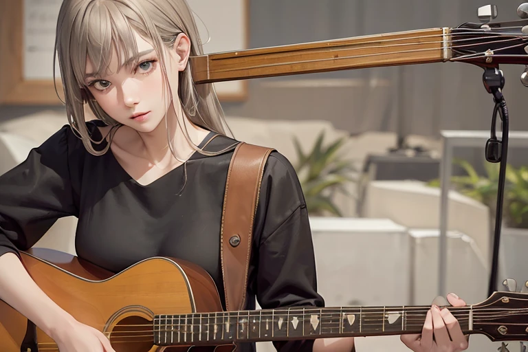 (Highest quality,8k,High resolution,masterpiece:1.2),((masterpiece,Highest quality)), High resolution with great detail, A girl in her fifties singing into a microphone while playing the guitar, Highly detailed skin and facial textures:1.3, Ultra detailed face, Detailed hands and fingers, Beautiful attention to detail,Beautiful lip detail,Album cover by Yokoyama Taikan, shutterstock, Realism, Perform on stage, vocalist, Live Performance, Singer-songwriter,Playing guitar on stage, Woman Playing Guitar, Singer-songwriter, Photo taken with Nikon D750,Shot with Canon EOS 5D Mark IV, (Slender body:1.5)