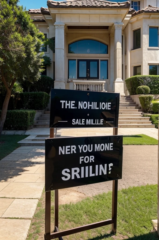 Make a for sale sign in front of a 100 million dollar house