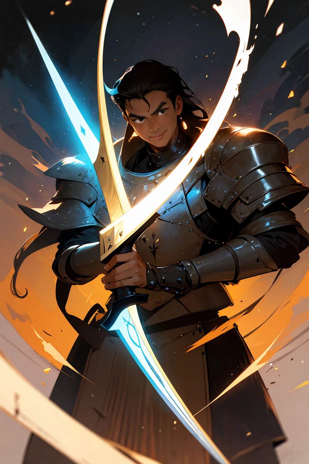 Brownhairhightlightblackhair, worrior 1 man, hansome, darknesswolrdblackground, galaxy, blacklongsword, browneye, fantasy, armors, smile ,earing, tall, strong