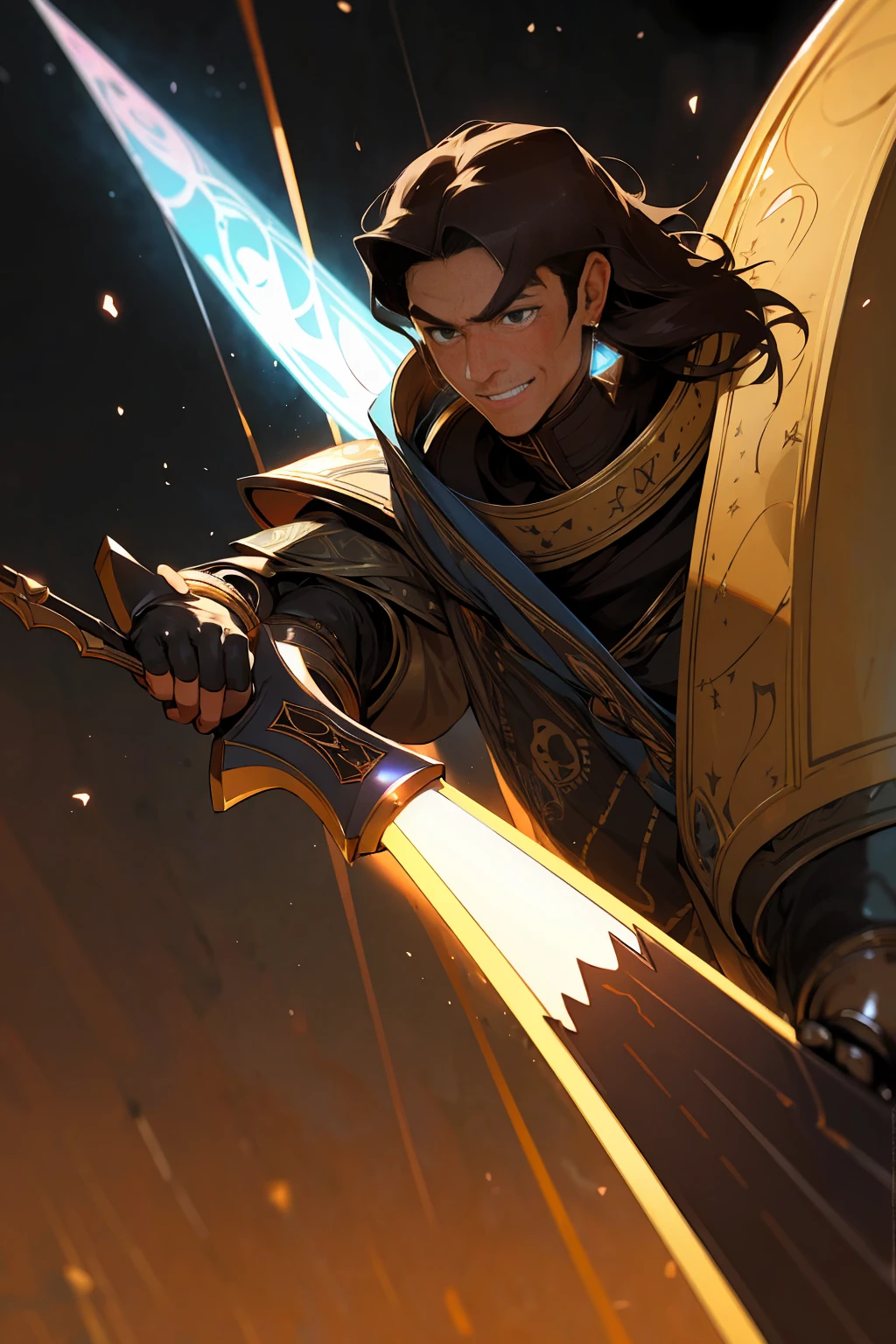 Brownhairhightlightblackhair, worrior 1 man, hansome, darknesswolrdblackground, galaxy, blacklongsword, browneye, fantasy,  armors, smile ,earing, tall, strong