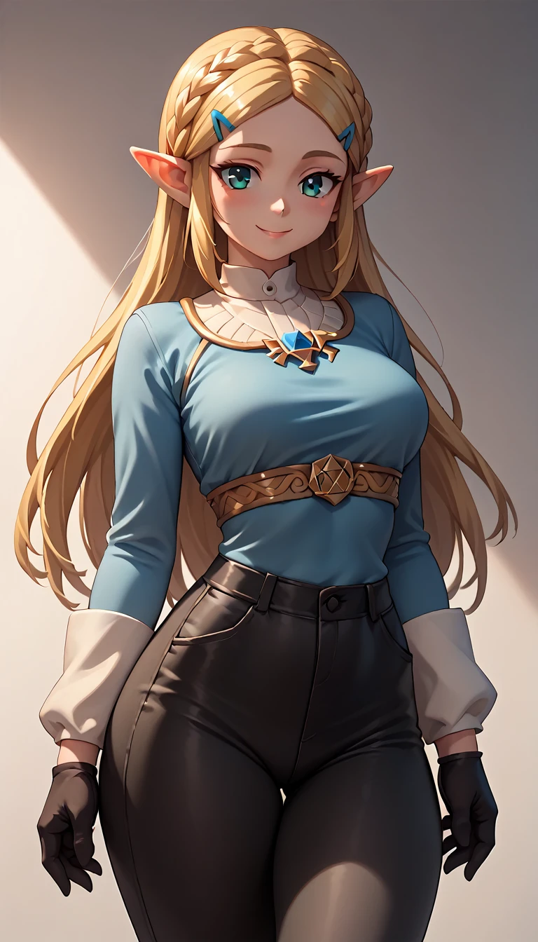 High resolution, Very detailed, perfect lighting, beautiful detailed eyes,   ((masterpiece,Best Quality)), absurdities, Alone,     princess zelda, by the wide, crown braid, Hair clip, pointy ears, blue shirt, long sleeves, Gloves without fingers, black gloves, Black pants, tight pants, smile, curves, nod,   , 