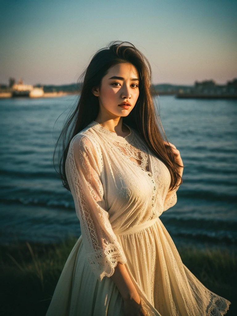 full body shot, Best quality, a 20y chubby mongolian women, wearing bohemian lace dress, tight breast, redhead hair blowing in the wind, moody atmosphere, sunlight exposure, beautiful shadow, intricate posing in traditional harbor, kodacrhome, cinematic, natural, human interest photography, realistic face and eyes, realistic skin, ultra highly detailed, sharp focus, beautiful bokeh, surreal view, masterpiece photo, shot by zenit camera with 35mm lens, Portrait by annie leibovitz