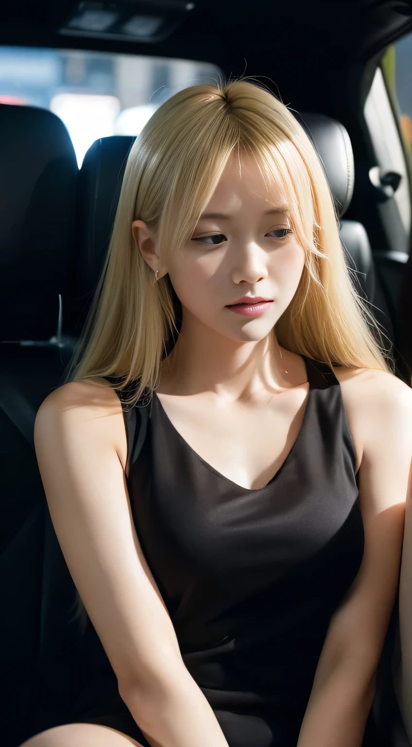night, Dark night image, Like a scene from a movie, Sad and crying blonde beautiful woman, Sitting with head down, night,Sitting in the back seat of a dark taxi, looking down and crying, Looking down and crying sadly, Wearing a sleeveless cotton dress, Bust Shot