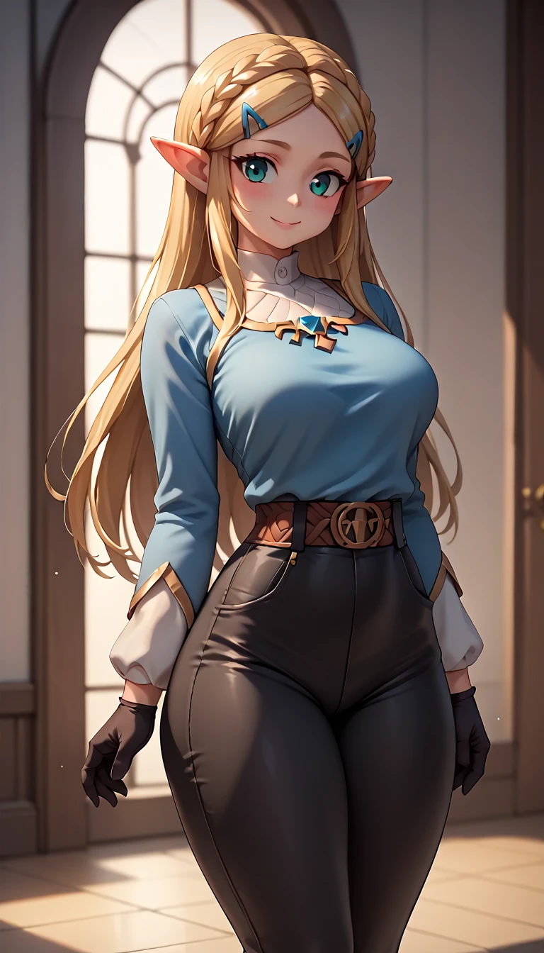 High resolution, Very detailed, perfect lighting, beautiful detailed eyes, ((masterpiece,Best Quality)), absurdities, Alone, princess zelda, by the wide, crown braid, Hair clip, pointy ears, blue shirt, long sleeves, Gloves without fingers, black gloves, Black pants, tight pants, smile, curves, nod, , deep neckline, deep neckline