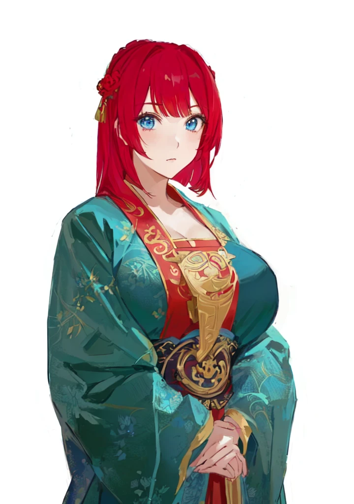 A red-haired man in a blue robe, Produced in collaboration with Anime Painter Studio, In the anime painter studio, April Rendering, A rendering of Mirabelle Madrigal, Erza Scarlet as a real person, Anime woman, She has red hair, female anime character, Demon Slayer Rui Fan Art, ((Wearing noble robes)), Wearing Kimono,Blue Eyes,huge ,sex body,big boods,Hanfu,Chinese style,Serious expression,Three Kingdoms,Dynasty Warriors,Silk clothes,Huge Breasts,Blue Eyes