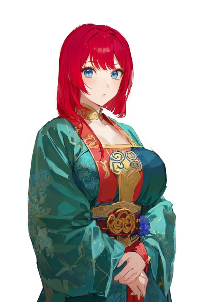 A red-haired man in a blue robe, Produced in collaboration with Anime Painter Studio, In the anime painter studio, April Rendering, A rendering of Mirabelle Madrigal, Erza Scarlet as a real person, Anime woman, She has red hair, female anime character, Demon Slayer Rui Fan Art, ((Wearing noble robes)), Wearing Kimono,Blue Eyes,huge ,sex body,big boods,Hanfu,Chinese style,Serious expression,Three Kingdoms,Dynasty Warriors,Silk clothes,Huge Breasts,Blue Eyes