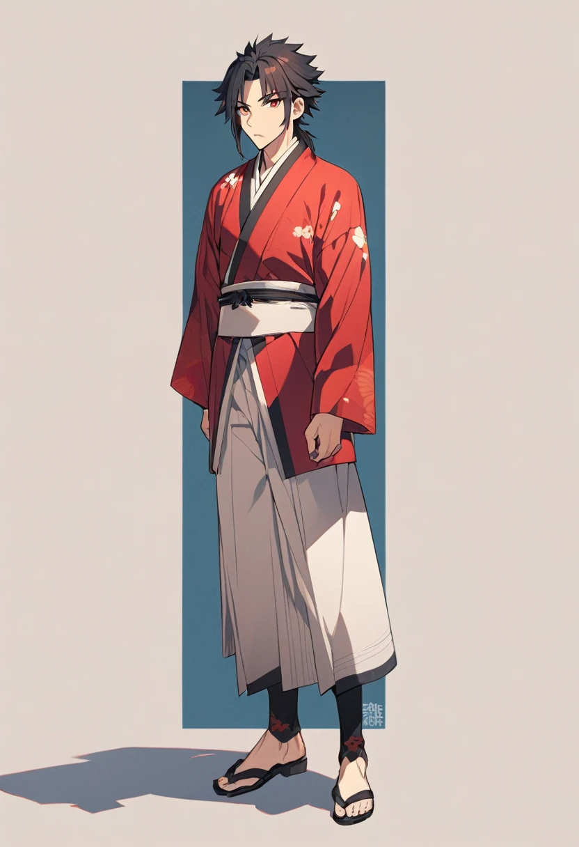 A anime man, black short mullet hair, red eye, black and red kimono, standing, full body, adult, muscular body