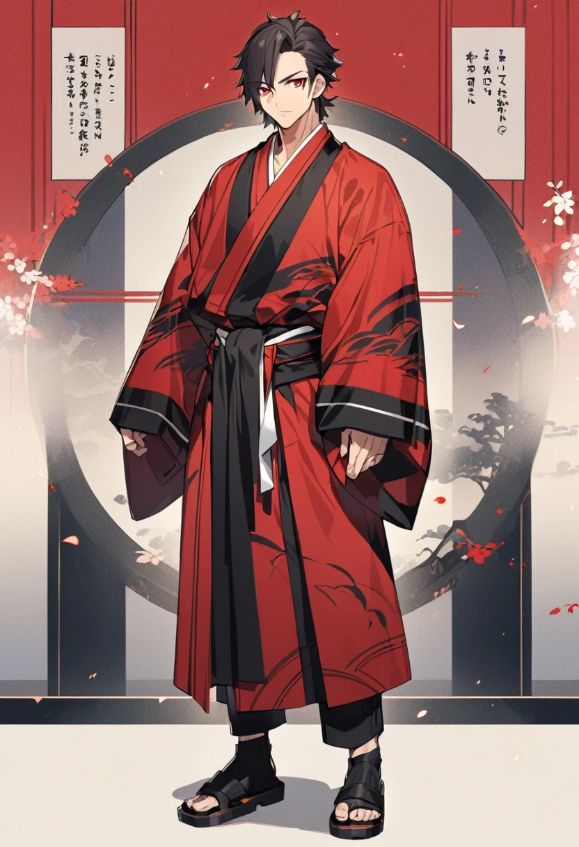 A anime man, black short mullet hair, red eye, black and red kimono, standing, full body, adult, muscular body