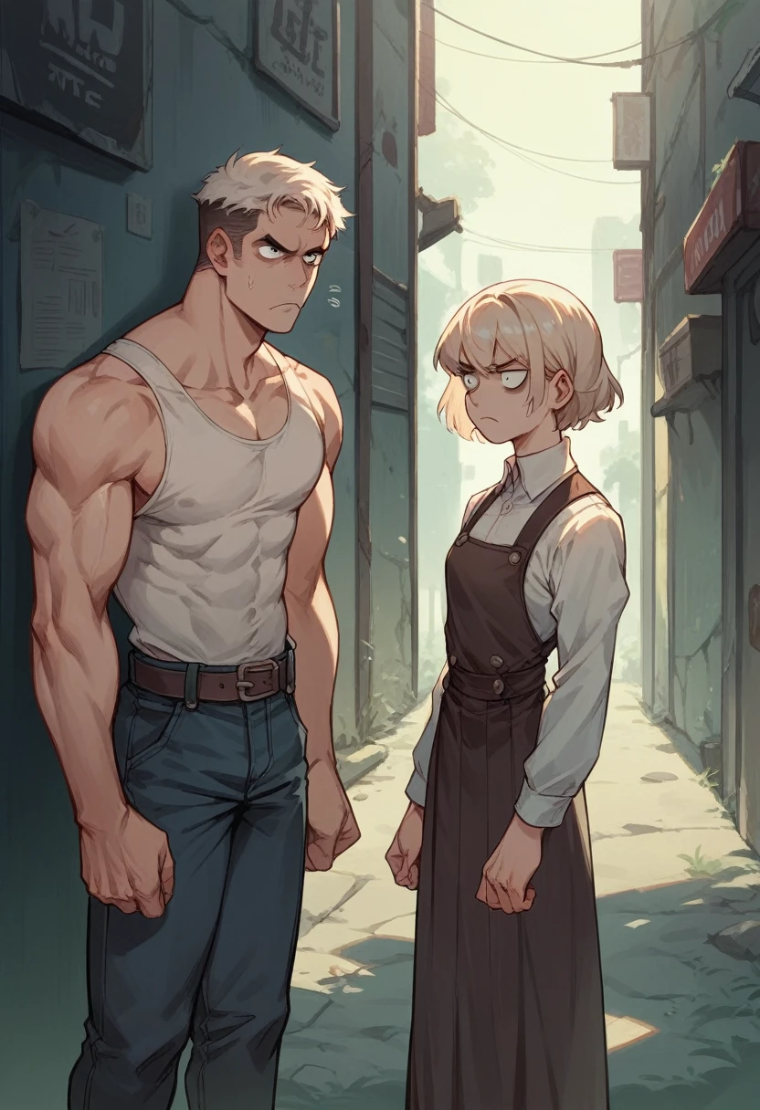 man 2.10 meters, robust, muscular, serious countenance, Lost look, in a lonely alley, Whole body, clenched jaw, Light hair, frown, big jaw, Hollow eyes, standing next to a pretty girl 1.50 meters