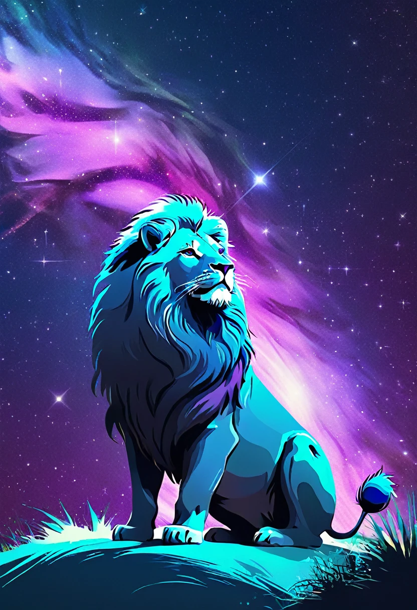 a lion silhouette composed by bright stars. Cosmic background
