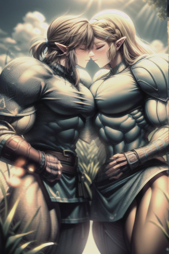 masterpiece, best quality, 1boy ,1girl,kiss,closed eyes, outdoors,(kbxll:0.7), muscular body