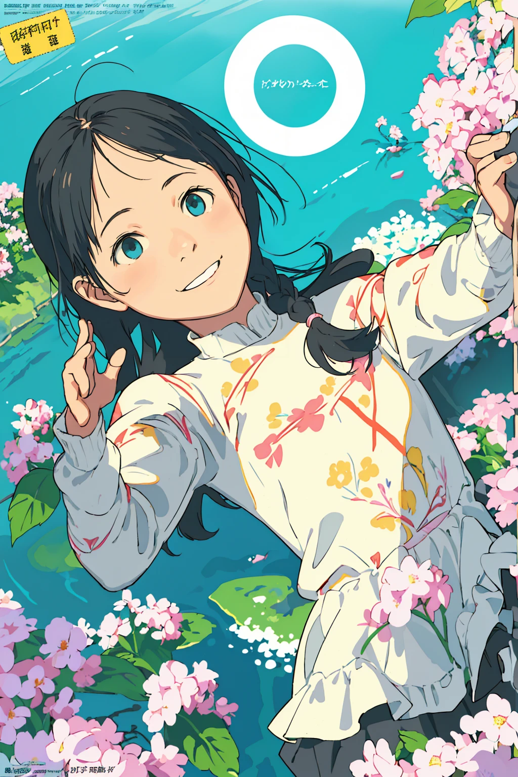 Affordable design, Clear lines, High Sharpness, (Highest quality,8k,Perfect sharpness,Ultra fine,High resolution,masterpiece:1.2), Perfect Anatomy:1.5, Official Art, Illustrations that tell a story, (Whitish background:0. 9）、Body Positivity、多Mr.な身体表現、（Random and energetic poses）、Perfect beauty、Perfect beautiful face、Strong winds、A rich expression、Dynamic composition、smile、Golden ratio composition、colorful、（(Mr.々Different angles and perspectives)）、Anime Art、(Mini dress)、（Overcoming stereotypes）、 Glowing Skin、（Natural beauty）、smile、Bangs、（Soft and flowing hair）、（countryside）、（Nostalgic atmosphere）、Put it up to your thighs、（Playful and carefree）、（多Mr.な民族のキャラクター）、（innocent attitude）、（Sunny atmosphere）、(The skirt flutters wildly in the wind)、（Bright colors）、Beautiful Eyes、(Embarrassing)、Braided Hair、Summer Scene、Smiling among flowers、Fashion magazine cover、Side angle、Angle from below、