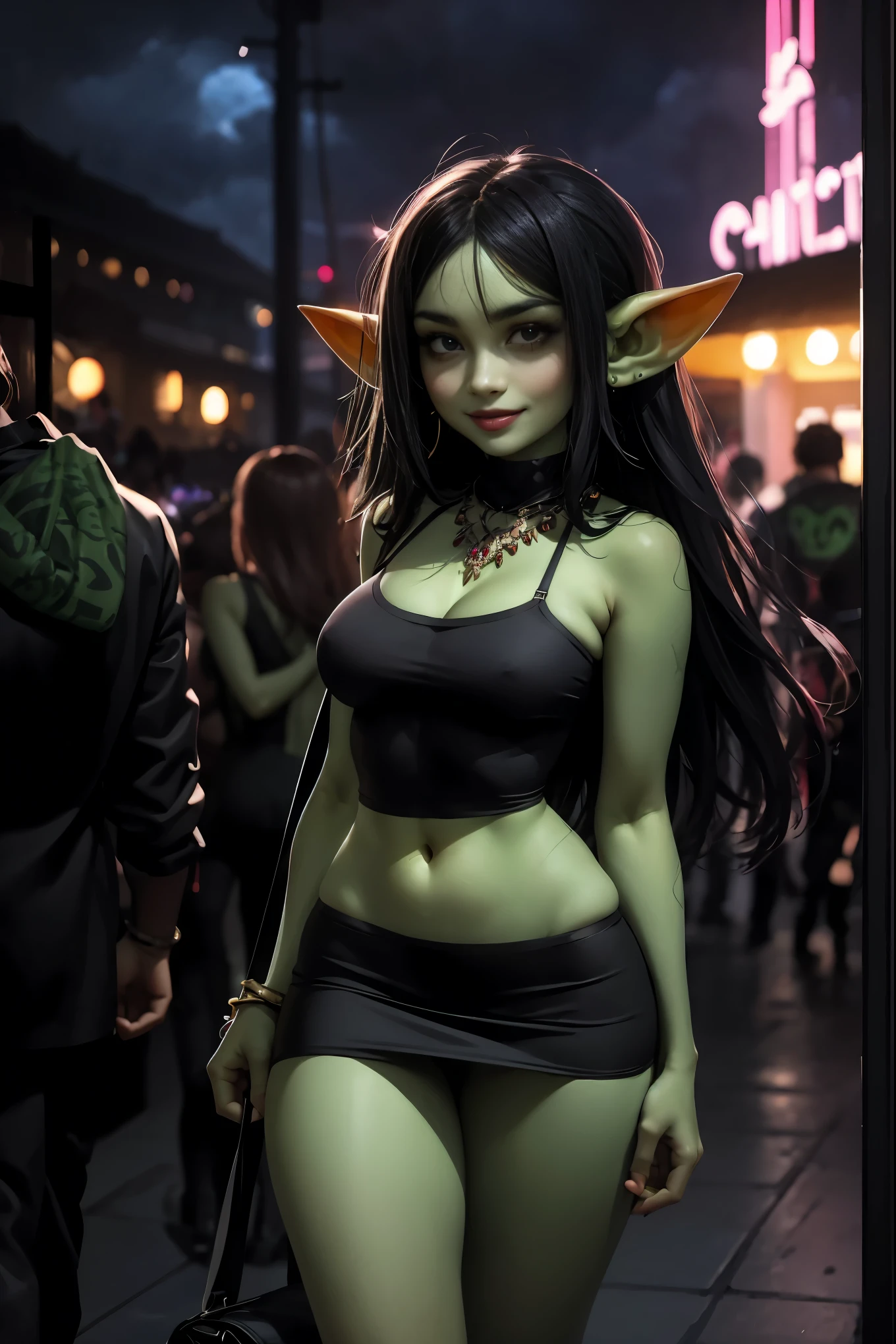 absurdrez, 1 girl, solo ((best quality)), ((masterpiece)), (detailed), 4k, green skin, tiny pointy ears, small ears, very very small goblin girl wearing revealing arabian clothing, 3 feet tall, graceful, exotic, black hair, walking towards a backdoor entrance to a club, backdoor to nightclub, wearing fashionable Arabian top and very short skirt, jewelry, looking back at viewer, outdoors, evening, carrying a duffel bag on shoulder, carrying gym bag on shoulder, dynamic pose, outside of busy nightclub, outside of busy strip club, sexy smile, cinematic still, arabian jewelry, cowboy shot