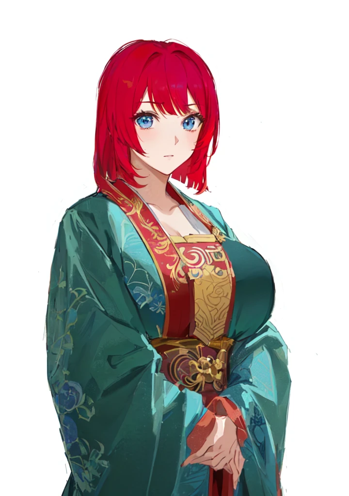 A red-haired man in a blue robe, Produced in collaboration with Anime Painter Studio, In the anime painter studio, April Rendering, A rendering of Mirabelle Madrigal, Erza Scarlet as a real person, Anime woman, She has red hair, female anime character, Demon Slayer Rui Fan Art, ((Wearing noble robes)), Wearing Kimono,Blue Eyes,huge ,sex body,big boods,Hanfu,Chinese style,Serious expression,Three Kingdoms,Dynasty Warriors,Silk clothes,Huge Breasts,Blue Eyes