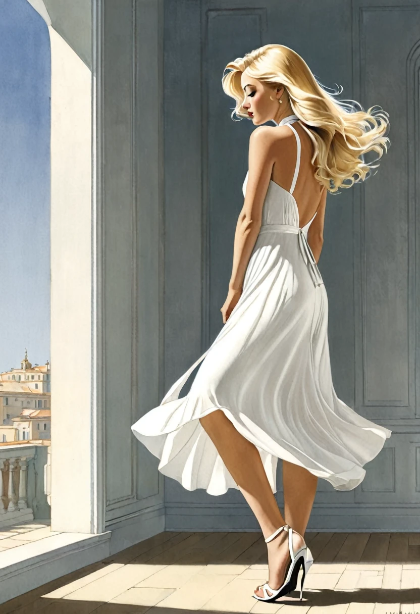 A blonde woman, alone in an empty room, in a white halter dress, looking down to the ground, side view, panoramic shot of her totale frame, illustration by Jean-Pierre Gibrat