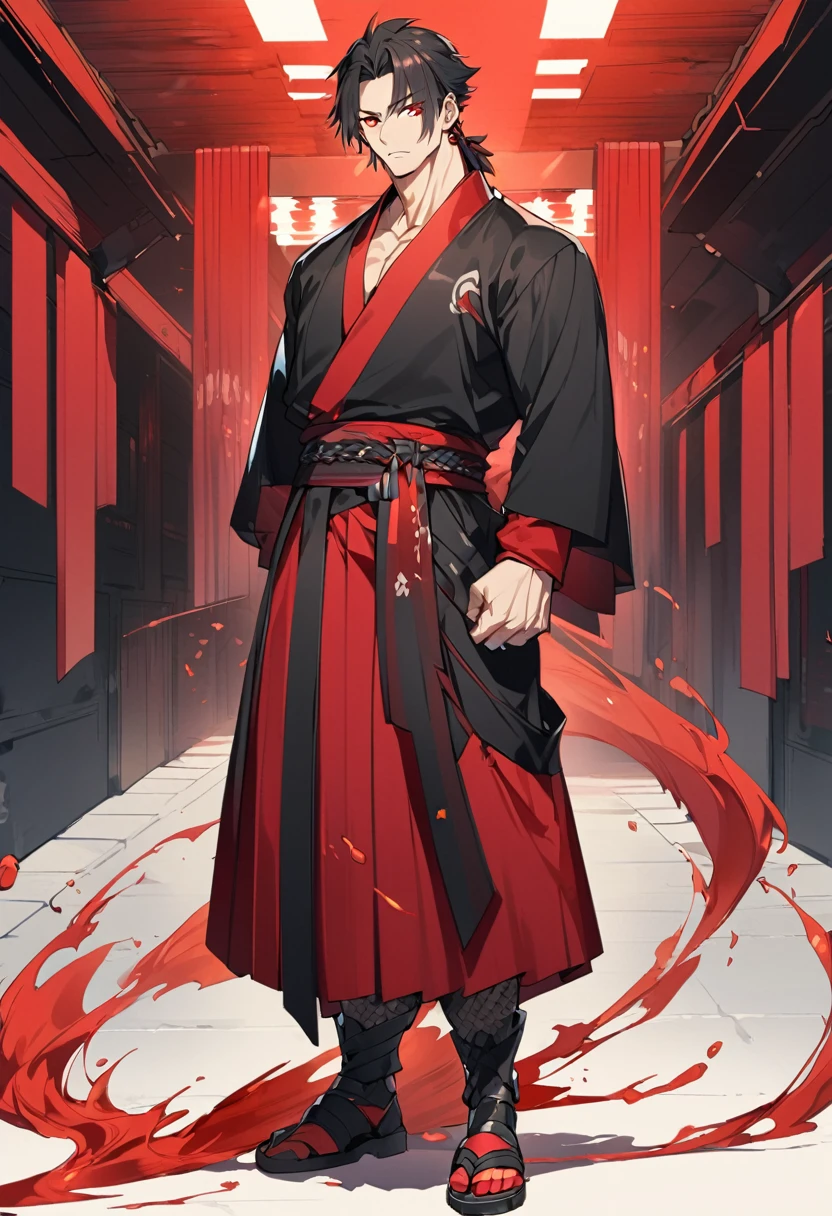 A anime man, black short mullet hair, red eye, black and red kimono, standing, full body, adult, muscular body