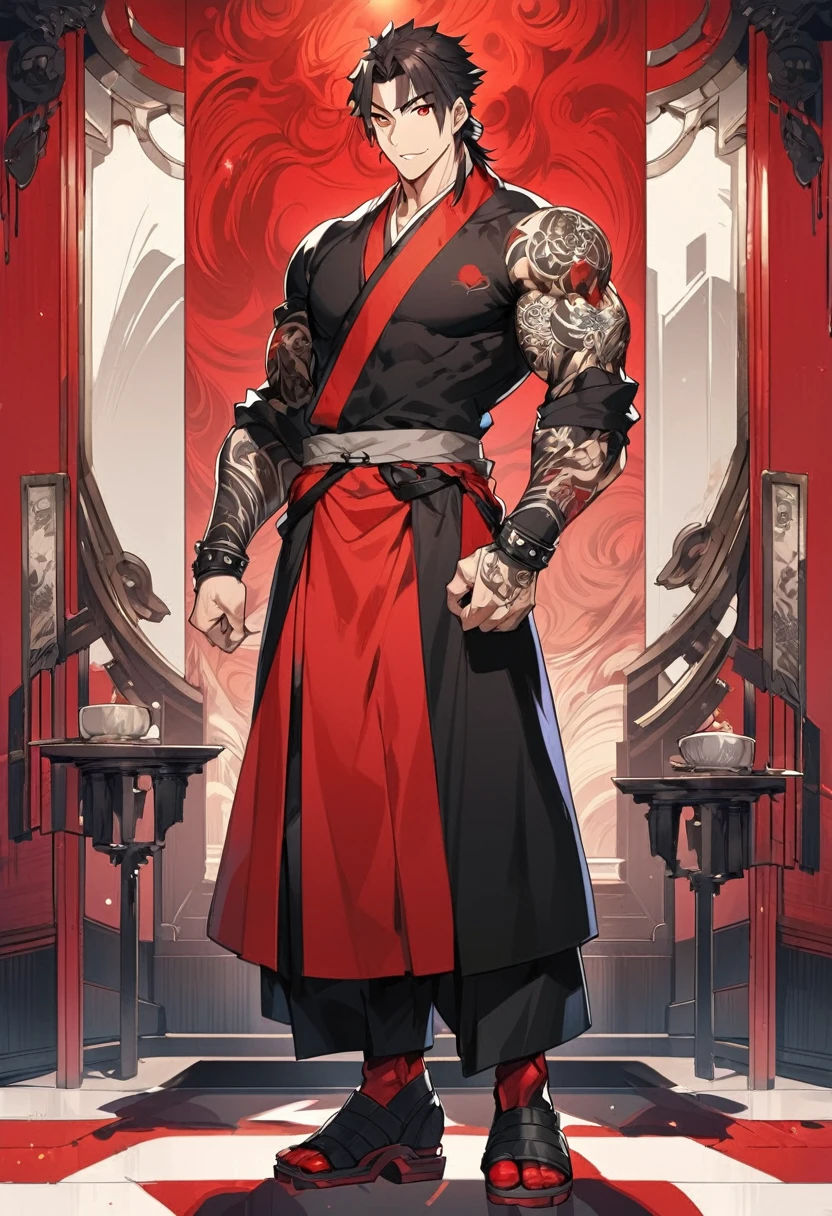 A anime man, black short mullet hair, red eye, black and red kimono, standing, full body, adult, muscular body