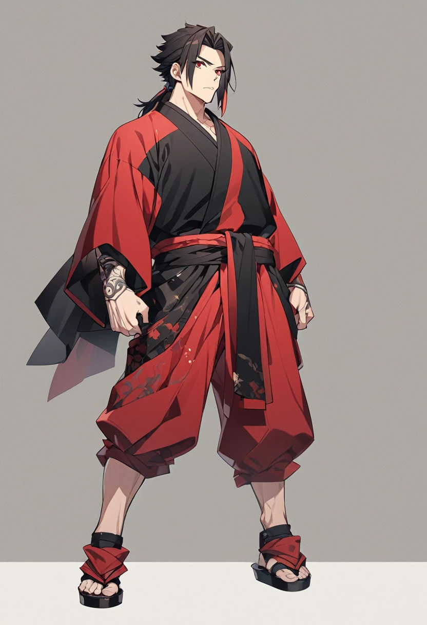 A anime man, black short mullet hair, red eye, black and red kimono, standing, full body, adult, muscular body
