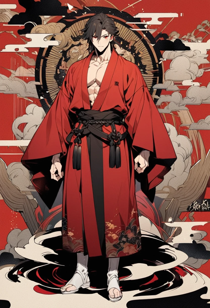 A anime man, black short mullet hair, red eye, black and red kimono, standing, full body, adult, muscular body