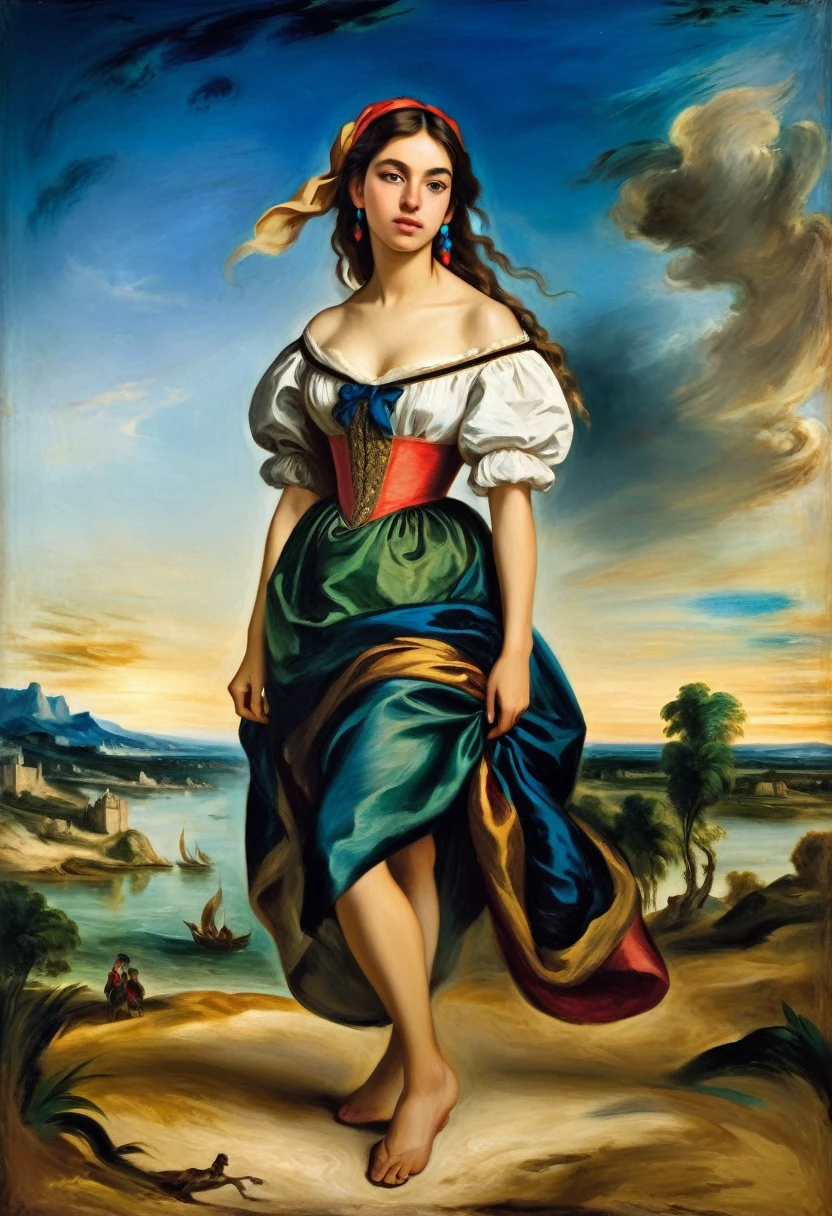 [[(full-length front view: young attractive girl) ((style Eugene Delacroix))]/[background:amazing Renaissance landscape based on Eugene Delacroix) (masterpiece)], oil painting, extreme detail, intricate, unusual, ((best quality))]