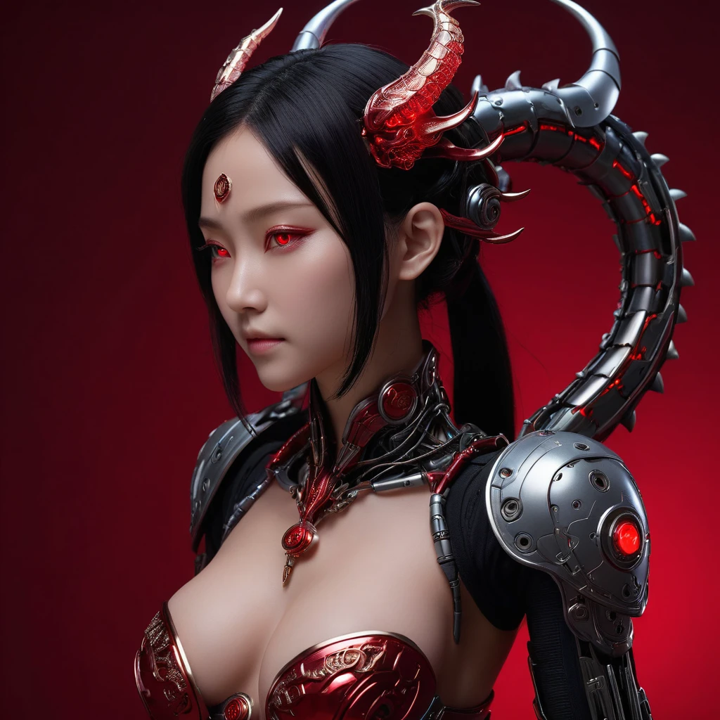 (Model pose, K-POPアイドル), cyborg少女、A horned devil with bright red wings falls from the sky, (RAW Photos), beautiful効果, Vibrant colors, The body is made of dragon scales, Ryujin's、Ray Tracing, Tabletop, Highest quality, super high quality, 不条理なdetailed, (The best light), (Best Shadow), sharp, Clear images, detailed, 非常にdetailed, High resolution, 8k, 4K, Hmph, Volumetric, detailed black armor, (Particle Effects), Creative images with machine edited backgrounds、Our bodies are made of machines、Our bodies are made of machines、beautiful, very detailed porcelain woman in profile、cyborg、Robot parts、150mm、beautifulスタジオの柔らかな光、Rim Light、鮮明なdetailed、Gorgeous Cyberpunk、Ren Hao、Surreal、Anatomical、NSFW Girl、cable, wire, Microchip、elegant、beautiful背景、Big Red Full Moon、AI-generated paintings by Sea Art、It depicts a fascinating image of yin and yang...., (Highest quality, Exquisite design, The The best lighting, Better shading).High heels、Angle from below the knee、anklet、Red background on red moon background、Red eyes、The flame that Burns everything、disaster々Burn、disaster々Emitting an aura、
