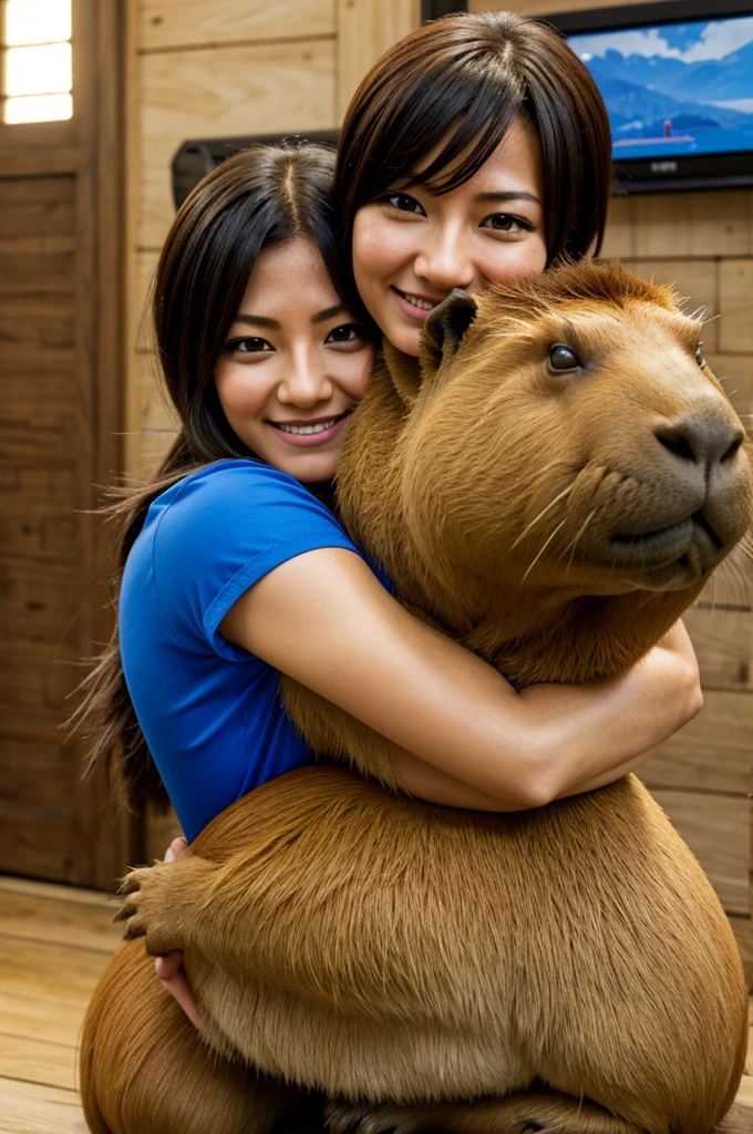 Lisa from the video game Genshin Impact hugging a capybara