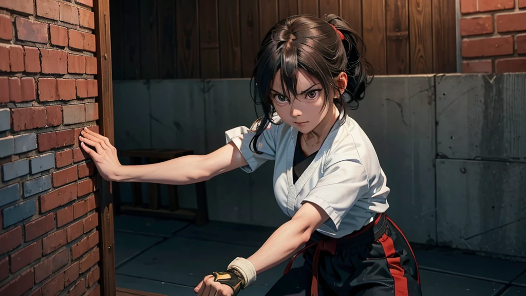 A powerful image of a martial artist breaking through a barrier (e.g., wooden boards, bricks) with intense focus and determination.