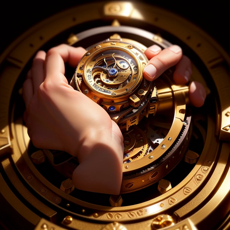 a close up of a relógio, detailed analog wristwatch, intricate mechanism, gears, hands, face, golden rim, leather strap, macro shot, photorealistic, 8k, ultra-detailed, hyperrealistic, warm lighting, studio lighting, rich colors, elegant, luxurious, exquisite craftsmanship