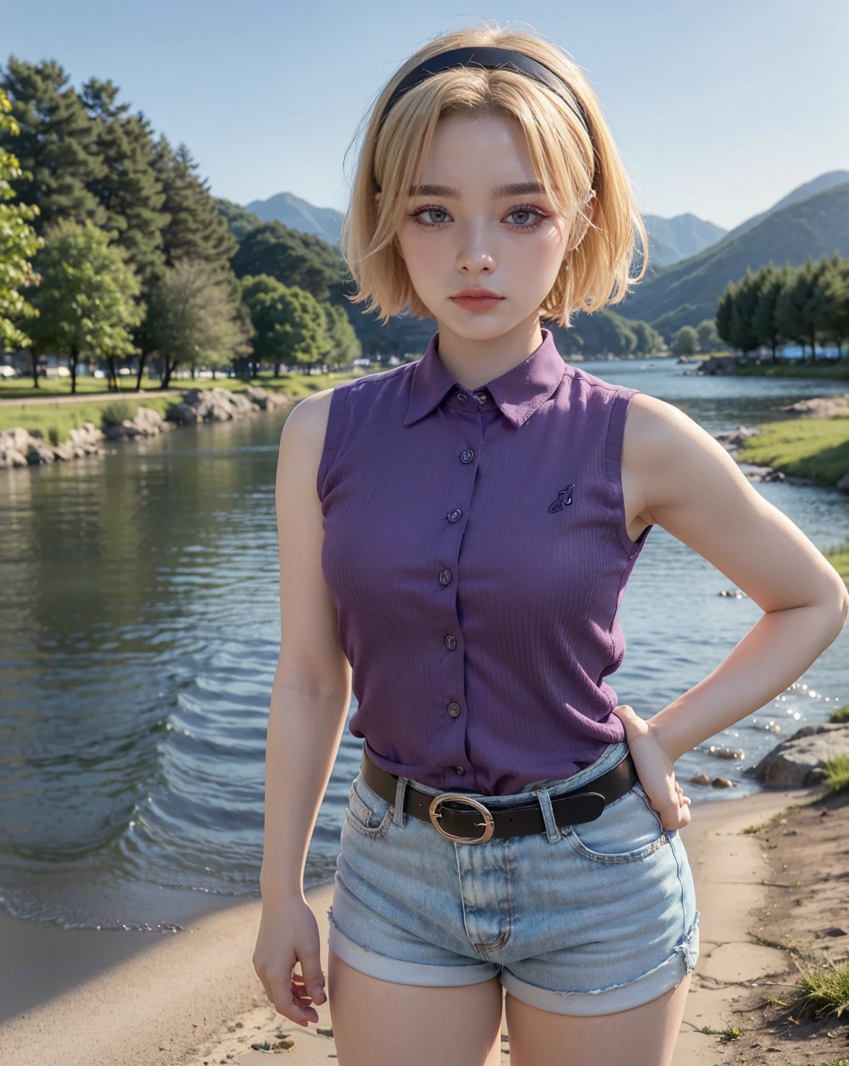 1 woman woman, woman in her 30s, tarankaaa, NOT DASHA TARAN, full body standing, perfect body, best quality, 32k, photograph, full body (head to toe), tone mapping, ((houjou satoko,short hair,black hairband,blonde hair,violet eyes,hair between eyes,collared shirt,sleeveless shirt,pink shirt,shirt tucked in,mid sized breasts,belt,short shorts,blue shorts,white socks,pink footwear, athletic, big woman)), asian-european, ((golden blonde hair, short hair, purple eyes)) perfectly drawn hands, ((masterpiece)), ((highres)), ((detailed background)), japanese village background, next to a river, (big proportions), cute pose, smiling, ((perfect eyes, detailed eyes, realistic eyes)), ((sharp face, detailed face, realistic face, natural skin, realistic skin, detailed skin, pores)),