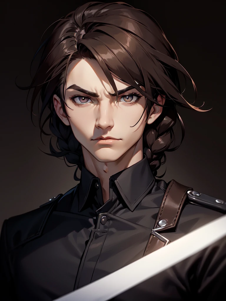 (((Portrait Photo))), He has an Intense and Commanding Appearance of a Teenager, with a Strong and Athletic Build that Exudes Confidence. His Long, Dark Brown Hair is Partially Braided, with Loose Strands Framing His Face, Adding a Unique and Edgy Touch to His Look. His Amber Eyes are Sharp and Focused, Reflecting a Keen Intellect and a Resolute Spirit. He is Dressed in a Stylish Outfit Consisting of a Black High-Collar Shirt and a Brown Leather Jacket, Creating a Striking Contrast that Highlights His Bold and Assertive Personality. His Expression is Serious and Unyielding, with a Subtle Hint of Resolve, Conveying a Sense of Strength. (((High Quality, Dark Background))), (((Portrait Photo)))
