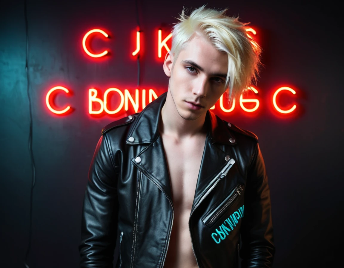 Photorealistic, low lighting, solo, young man, 22 years, pale skin, model (skinny:1.3), (short layered platinum blond hair:1.5), (black leather jacket:1.3), gothic punk clothes, incubus, sexy, (neon letters C N T X:1.4), strip club lighting, BDSM background