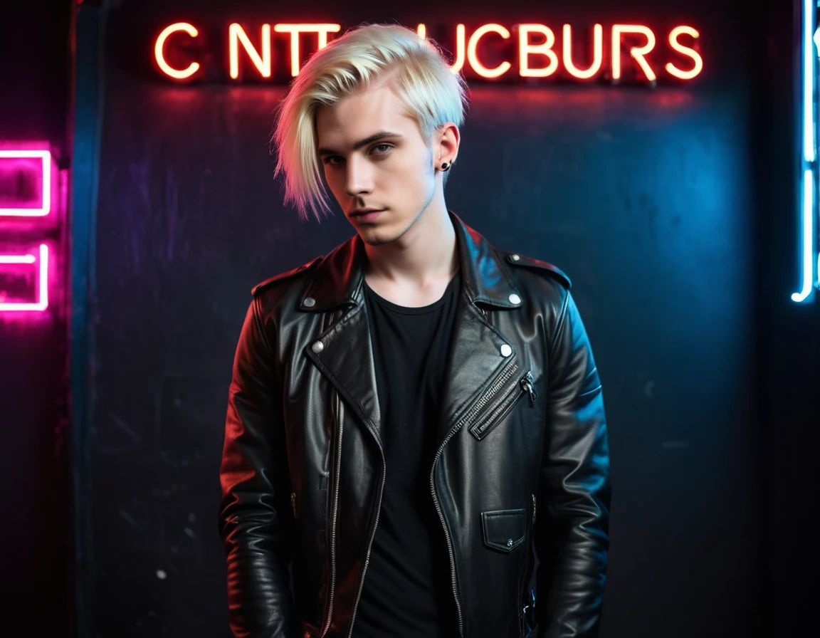 Photorealistic, low lighting, solo, young man, 22 years, pale skin, model (skinny:1.3), (short layered platinum blond hair:1.5), (black leather jacket:1.3), gothic punk clothes, incubus, sexy, (neon letters C N T X:1.4), strip club lighting, BDSM background