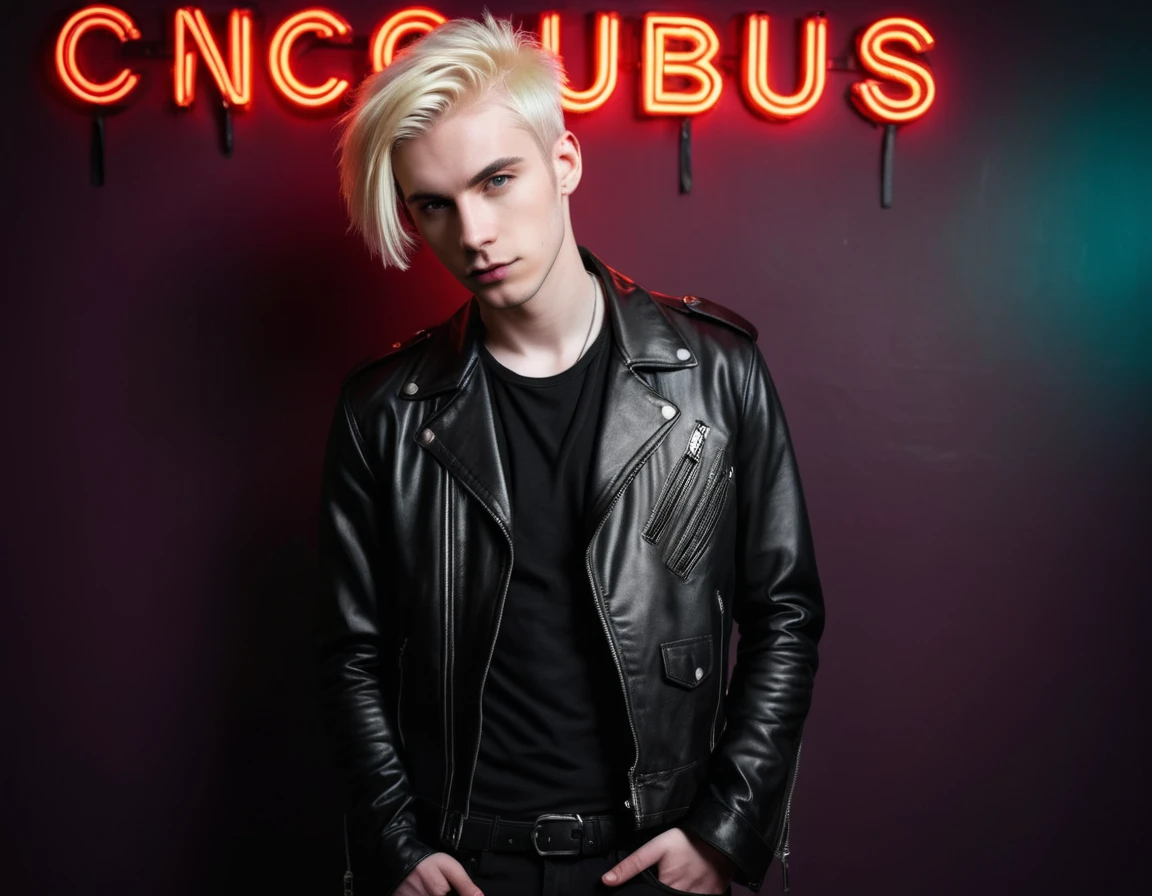 Photorealistic, low lighting, solo, young man, 22 years, pale skin, model (skinny:1.3), (short layered platinum blond hair:1.5), (black leather jacket:1.3), gothic punk clothes, incubus, sexy, (neon letters C N T X:1.4), strip club lighting, BDSM background