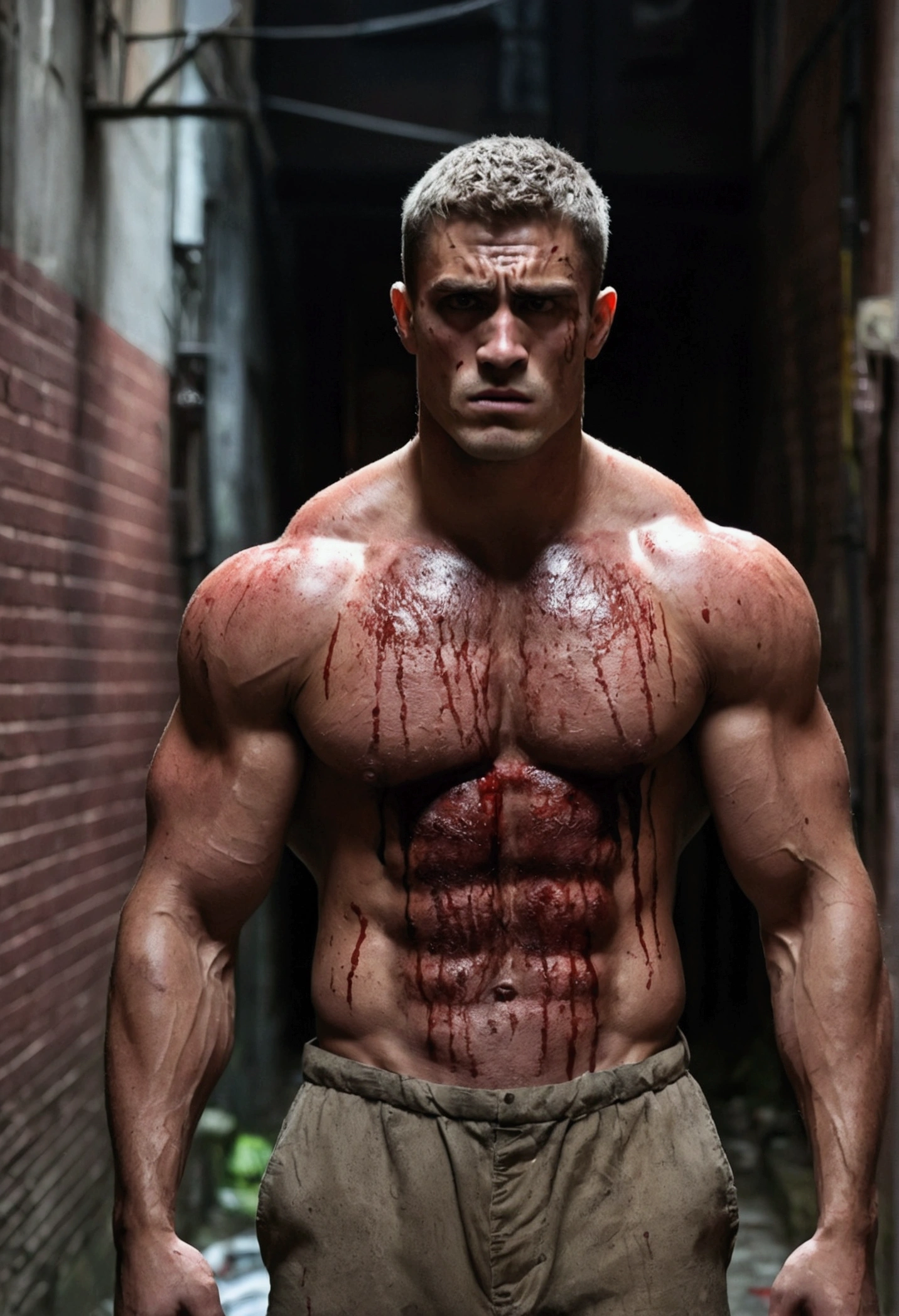 man 2.10 meters, robust, muscular, serious countenance, Lost look, in a lonely alley, Whole body, clenched jaw, Light hair, frown, big jaw, Hollow eyes, blood stained