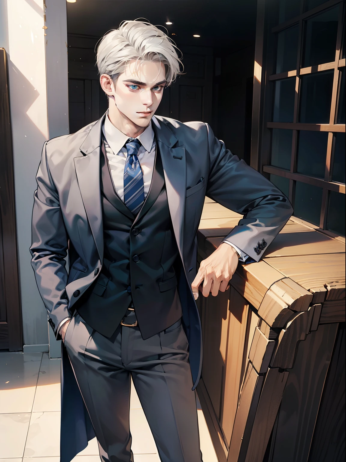 masterpiece, best quality, realistic, 1man, mature male, quiet and charming young man, 41 year old, serious look, closed mouth, portrait, extremely detailed face, cold smile, ((dark grey blue eyes)), ((short-right-swept dark white hair)), [thick eyebrows], ((suit)), handsome, full body, western, Jewish, light brown skin,