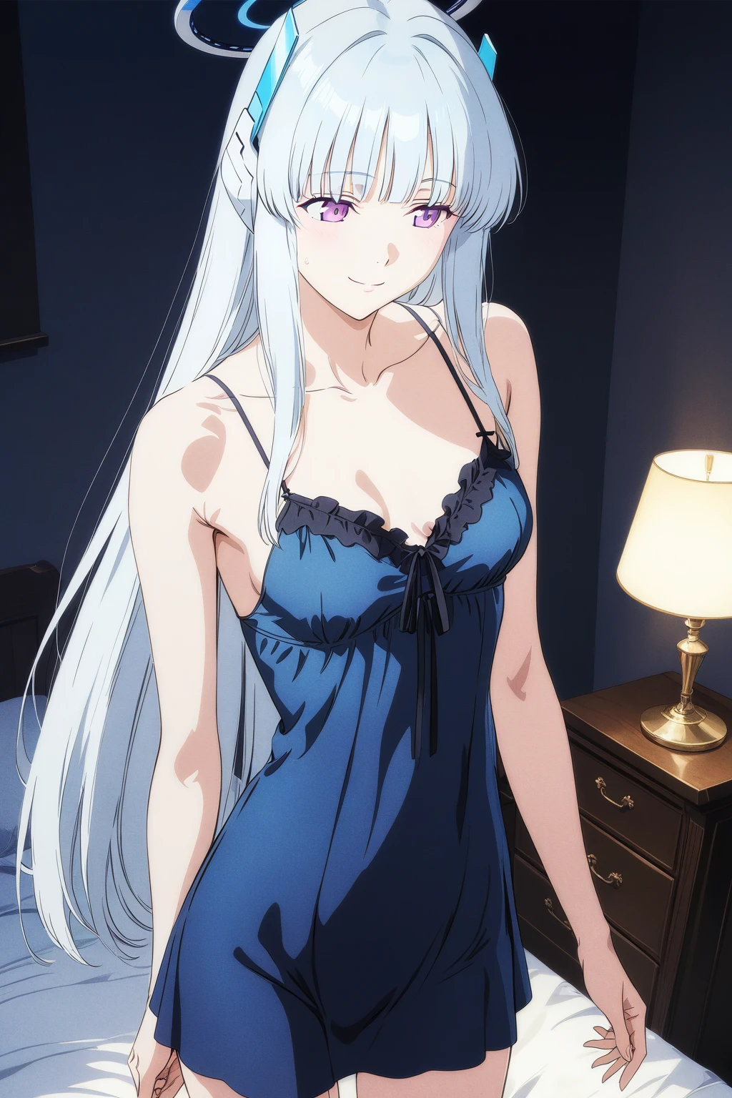 best quality, amazing quality, very aesthetic, absurdres, (1girl, noa, blue archive, solo, purpel eyes, white hair, medium breasts), (realistic face:0.9),(negligee long:1.8), (smile, night, thigh:1.3), (cowboy shot), (glowing eyes), (half closed eyes:0.9), (from above0.9), (official art:1.3), (high angle), expressive eyes, perfect face, 4k, extremely detailed anime illustration, extremely detailed eyes, perfect anatomy, light rays, extremely delicate body, smooth skin, (bedroom background:1.5), clear eyes, beautiful face, looking away,(anime style:1.7), (dark Light:1.5), (highres:2),