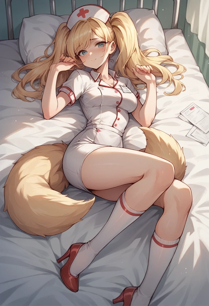 Cute girls, Double tail, blonde, Nurse, tight skirt, Over-the-knee socks, High heel, Lying in bed, color picture,