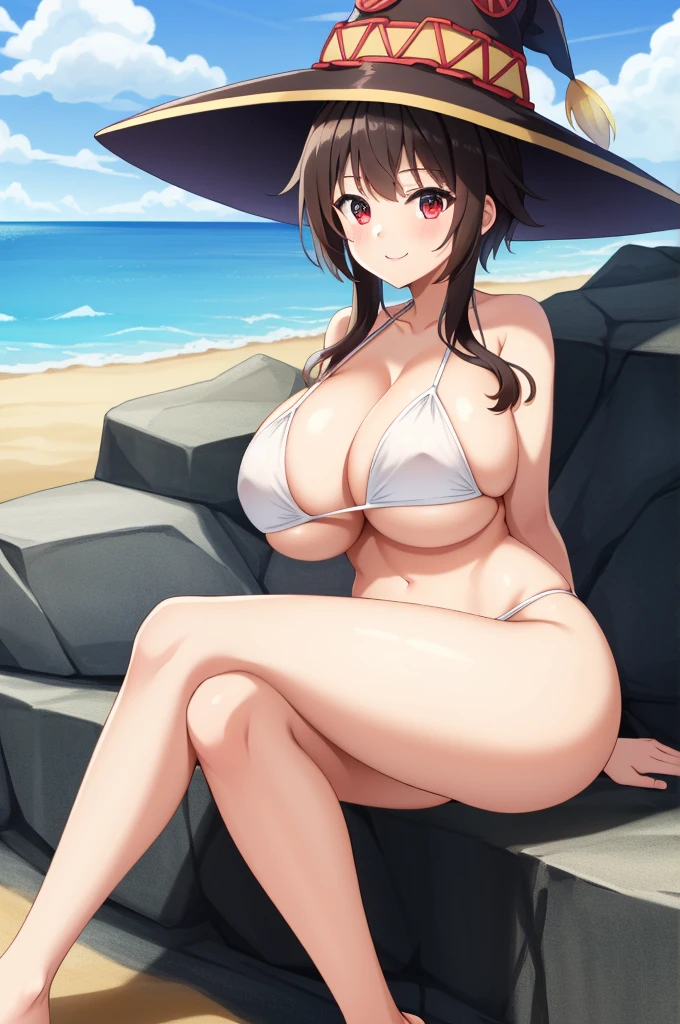 (masterpiece, best quality), intricate details,
1girl, megumin, short hair, hat, witch hat
1girl, solo, breasts, looking_at_viewer, smile, large_breasts, cleavage, bare_shoulders, collarbone, sitting, sitting on rock, legs crossed, thick thighs, thong underwear, from_below, breasts, large breasts, big breasts, huge breasts, big tits, giant breasts, small bikini, bikini, white bikini, bare shoulders, bare arms, beach, ocean, underboob, island background