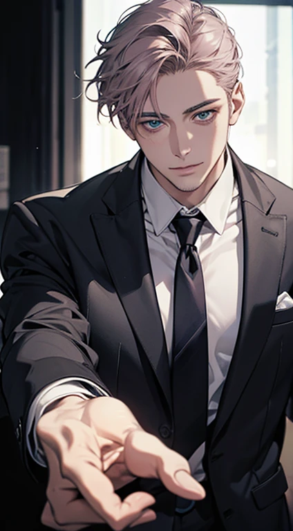 (best quality,4k,8k,highres,masterpiece:1.2),ultra-detailed,(realistic,photorealistic,photo-realistic:1.37),1 man,31 years old,mature man,very handsome,without expression,smile,short grey pink hair,blue eyes,penetrating gaze,perfect face without errors,imposing posture,businessman,office background,cinematic lighting,hdr image