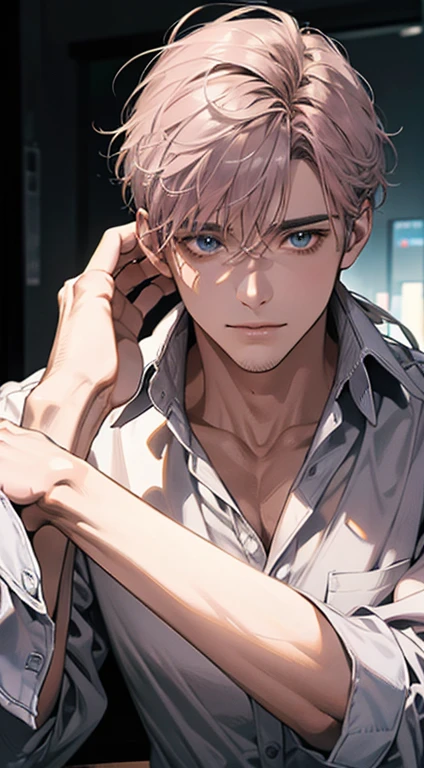 (best quality,4k,8k,highres,masterpiece:1.2),ultra-detailed,(realistic,photorealistic,photo-realistic:1.37),1 man,31 years old,mature man,very handsome,without expression,smile,short grey pink hair,blue eyes,penetrating gaze,perfect face without errors,imposing posture,businessman,office background,cinematic lighting,hdr image