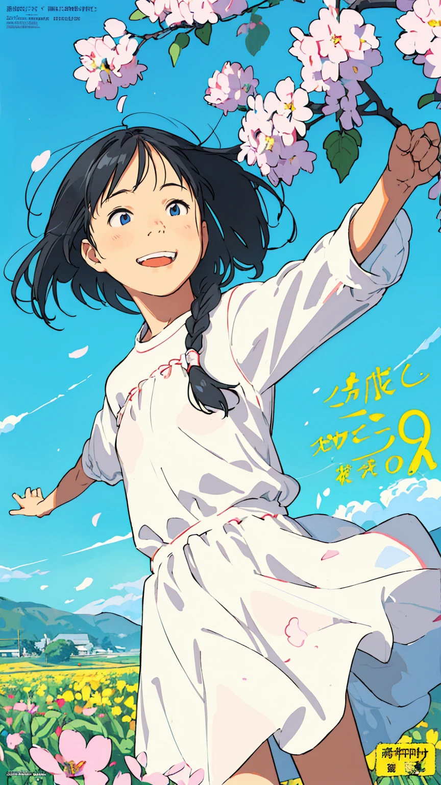 Affordable design, Clear lines, High Sharpness, (Highest quality,8k,Perfect sharpness,Ultra fine,High resolution,masterpiece:1.2), Perfect Anatomy:1.5, Official Art, Illustrations that tell a story, (Whitish background:0. 9)、Body Positivity、多Mr.な身体表現、(Random and energetic poses)、Perfect beauty、Perfect beautiful face、Strong winds、A rich expression、Dynamic composition、smile、Golden ratio composition、colorful、((Mr.々Different angles and perspectives))、Anime Art、(Mini dress)、(Overcoming stereotypes)、 Glowing Skin、(Natural beauty)、smile、Bangs、(Soft and flowing hair)、(countryside)、(Nostalgic atmosphere)、Put it up to your thighs、(Playful and carefree)、(多Mr.な民族のキャラクター)、(innocent attitude)、(Sunny atmosphere)、(The skirt flutters wildly in the wind)、(Bright colors)、Beautiful Eyes、(Embarrassing)、Braided Hair、Summer Scene、Smiling among flowers、Fashion magazine cover、Side angle、Angle from below、