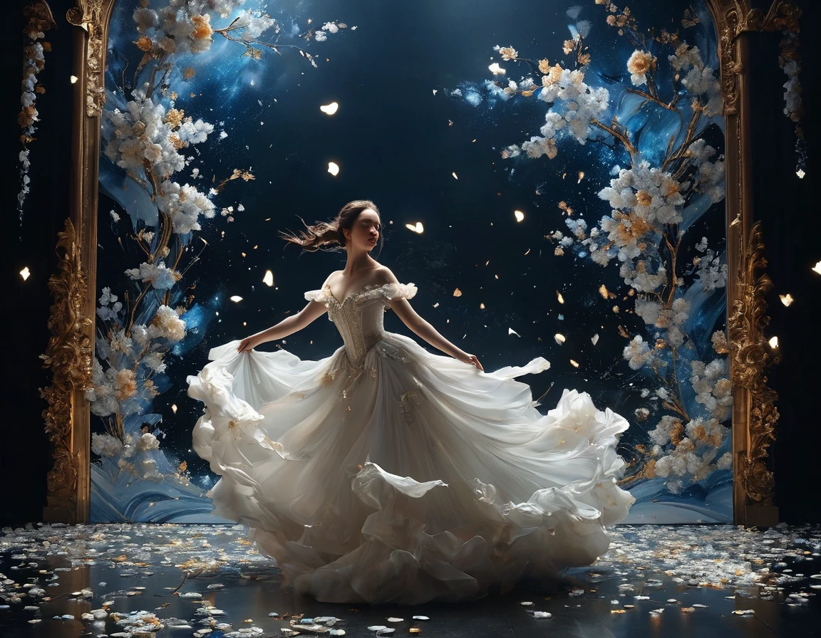 /I In front of a deep black backdrop, An 18th century couple is captured mid-dancing, the woman’s attire resembles a whirlwind of marble and porcelain fragments. Illuminated by the gleam of scattered porcelain shards which creates a dreamlike and theatrical atmosphere around the dancing couple. This masterpiece is depicted in 8k resolution, extremely detailed, gorgeous scenery.