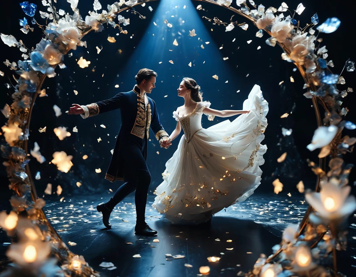 /I In front of a deep black backdrop, An 18th century couple is captured mid-dancing, the woman’s attire resembles a whirlwind of marble and porcelain fragments. Illuminated by the gleam of scattered porcelain shards which creates a dreamlike and theatrical atmosphere around the dancing couple. This masterpiece is depicted in 8k resolution, extremely detailed, gorgeous scenery.